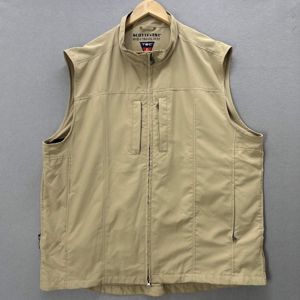 Scottevest RFID Travel Vest Mens 2XL Tan Khaki 26 Pockets Utility TEC Jacket